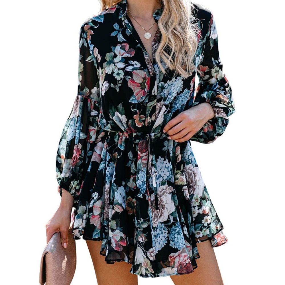 Tie Waist Ruffle Floral Chiffon Dress